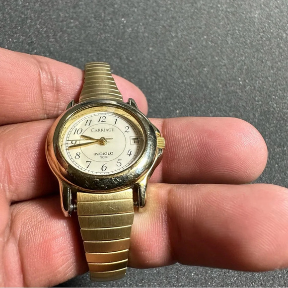 Carriage Indiglo Date Just Ladies Quartz Watch Gold Tone Stretch Band Working - Picture 2 of 10